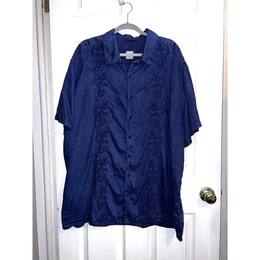 MERONA Navy Linen Button Down Short Sleeve Shirt Embroidered Sz XXL